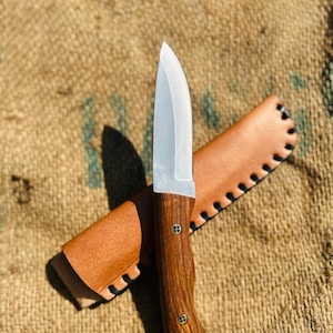 Hunting Knife 1075 Carbon Steel and Chestnut Wood Handle -Blacksmith Made Camping Knife - Bushcraft Knife - Survival Knife with Sheath
