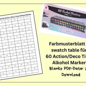 Color sample card / swatch table suitable for the 60 alcohol markers from Action / Deco Time plus BONUS, German, digital download & printout