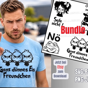 Könnte beinhalten: Ein hellblaues T-Shirt mit einer schwarzen Grafik von drei mürrischen Vögeln auf einem Ast und dem Text Ganz dünnes Eis Freundchen. Daneben zeigt eine digitale Dateibündel-Übersicht verschiedene schwarz-weiße Cartoon-Grafiken und Texte.