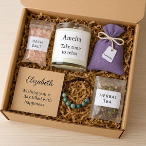 Valentine’s Day Gift Box for Her – Romantic Self Care Kit – Candle, Lavender, Wood Bracelet & Personalized Touch
