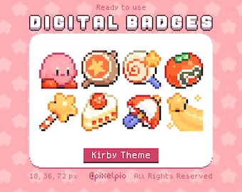 May include: A set of eight digital badges featuring pixel art characters and objects from the Kirby video game series. The badges are in various colors, including pink, red, yellow, and blue. The text "Kirby Theme" is displayed below the badges.