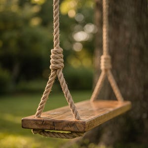 May include: A rectangular wooden swing seat with a dark brown stained finish, suspended by thick, natural-colored twisted jute ropes. The ropes are secured to the seat through drilled holes and tied with sturdy knots above the wooden board.