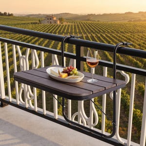 May include: A rectangular, dark brown, slatted balcony table with a black metal frame that hooks over a railing. On the table sits a white oval plate with cheese, grapes, and crackers, alongside a clear glass filled with a rose-colored beverage.