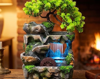 LED Tabletop Waterfall Fountain, Zen Rock Garden Decor, Relaxing Office Accent