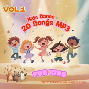 以下が含まれることがあります： 子供向けダンス音楽のカラフルなアルバムカバー。5人のアニメーションの子供たちがジャンプして踊っています。テキストには「Kids Dance 20 Songs MP3」と「FOR KIDS」が含まれています。幼稚園やダンス教室に最適です。