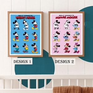 May include: Two framed prints featuring Walt Disney's Mickey Mouse and Minnie Mouse. Design 1 has Mickey Mouse on a blue background, and Design 2 has Minnie Mouse on a pink background. Both prints are in wooden frames and are displayed on a wall.