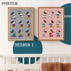 May include: Two framed vintage-style posters featuring Mickey Mouse and Minnie Mouse. Design 1 has Mickey in various poses on a gray background. Design 2 shows Minnie in different outfits on a pink background. The word "POSTER" is at the top.