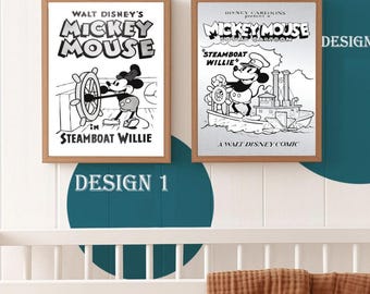 Mickey Mouse Steamboat Vintage Poster/ Canvas, Vintage Disneyland Movie Art Print, Classic Cartoon Mouse Nursery Decor Wall Art, Animation