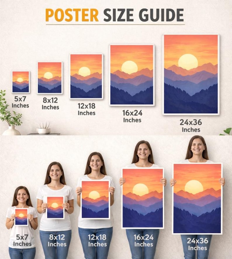 May include: A poster size guide displays landscape art prints in various sizes, including 5x7, 8x12, 12x18, 16x24, and 24x36 inches. The artwork features a sunset over blue mountains. Women hold the posters.