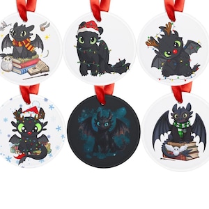 May include: Set of six round Christmas ornaments featuring a black dragon character in various festive designs. Each ornament has a red ribbon for hanging. The dragon is depicted with holiday accessories like a Santa hat, Christmas lights, and a scarf.