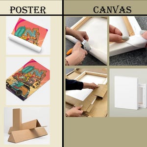 May include: The image shows the process of creating a canvas print. It includes a rolled-up poster, a finished canvas print, and the steps of stretching the canvas over a wooden frame. The image also shows the packaging materials.