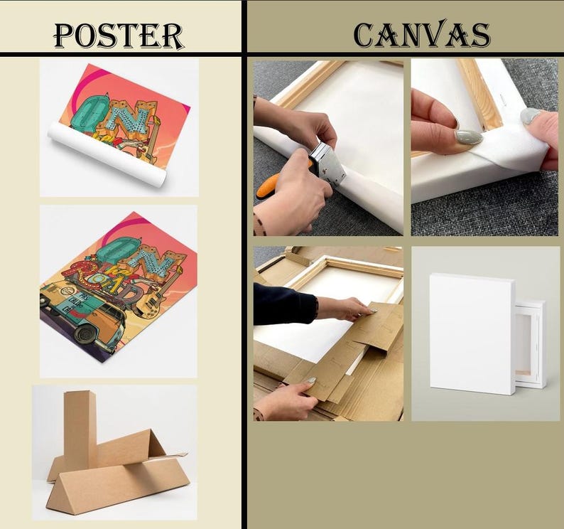 May include: The image shows the process of creating a canvas print. It includes a rolled-up poster, a finished canvas print, and the steps of stretching the canvas over a wooden frame. The image also shows the packaging materials.