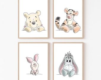 Poooh Bear and Friends Minimalism Poster/ Canvas, Classic Poooh Piglet Tigger Eeyore Wall Decor, Baby Shower Gift, Bear Wall Art Nursery