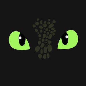 Può includere: Illustrazione grafica degli occhi di un drago. Gli occhi sono verde brillante con pupille nere, su sfondo nero. Una serie di forme irregolari verde scuro si trova tra gli occhi.