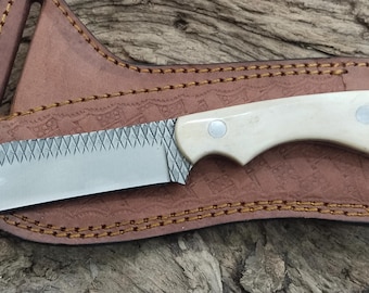 Handmade Rasp Steel Cowboy bull cutter Knife: Bone Handle, Leather Sheath