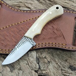 Handmade Farrier Rasp Steel Skinner Knife: Bone Handle, Leather Sheath