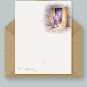 May include: A greeting card featuring an illustration of a person walking towards an open door revealing a galaxy. The card is white with the text "92 Till Infinity" at the bottom. The card is inside a brown envelope.