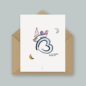 Zee van liefde. Vriendschap liefdeshond kaart. Blanco gelaten in kraft (bruine) envelop. Emokunst
