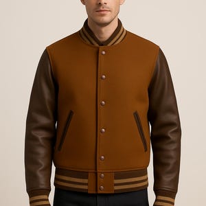 Jaqueta bomber masculina Varsity com mangas de lã e couro | Brown Letterman