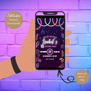 LOLA Neon 18 Birthday Invitation Template, glow Party Invitation Instant Download, Neon Blue and Pink Birthday Invite Evite