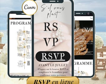 Invitación de boda moderna y elegante con RSVP: Plantilla francesa de Canva (descarga digital)