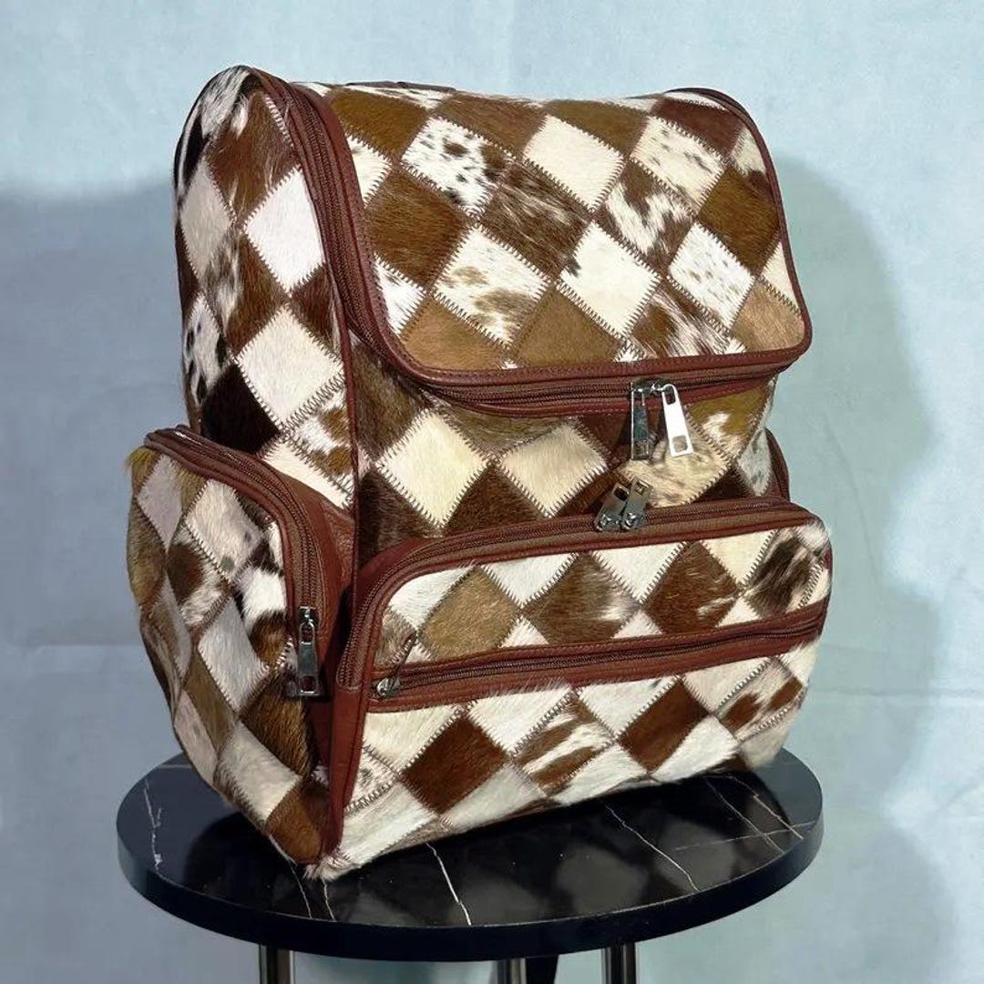 Backpack Hoho Woven textile cow hide double pocket  Backpack Boho 14”-13” 5.5” Genuine Cow Fur Backpack Cowhide School Bags – Boho Living Room main image 3