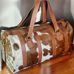 Handmade Cowhide Duffel Bag: Rustic Patchwork Leather Weekender