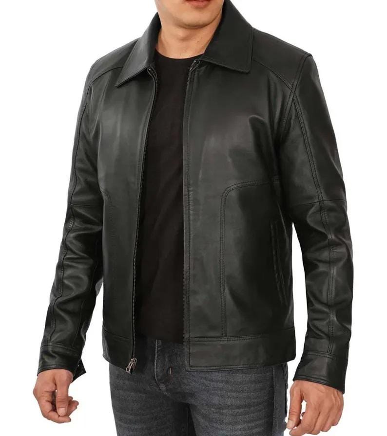 Men's Black Lambskin Leather Harrington Jacket: Vintage Biker