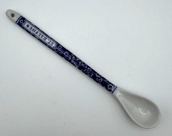 Vintage St Dalfour keramische lepel blauw witte porseleinen jamlepel bloemen Frankrijk