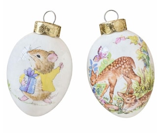 The Egg Lady VTG porseleinen eierornamenten set 2 muizen en reekleurige bloemen Paasdecor