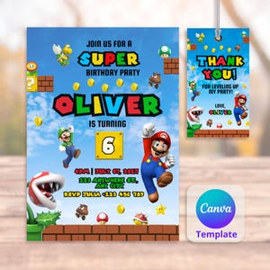 Super Mario-verjaardagsuitnodiging, bewerkbare Mario Bros-feestuitnodiging, afdrukbare canvassjabloon, SuperMario-verjaardagskaart, SuperMario-feest