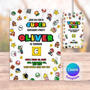 Convite de aniversário do Super Mario, convite editável para festa do Mario Bros, modelo para impressão do Canva, cartão de aniversário do Mario, convite para festa do Super Mario