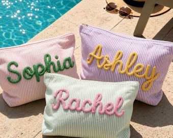 Custom Seersucker Travel Makeup Bag,Vacation Travel Pouch,Embroidered Chenille Name Beach Pouch,Striped Vacation Case,Beach Toiletry Bag