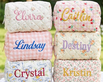 Personalized Bridesmaid Makeup Bag, Custom Embroidered Floral Cosmetic Pouch, Bridesmaid Gift, Wedding Party Travel Toiletry Bag