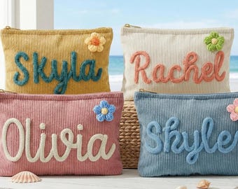 Personalized Corduroy Makeup Bag,Bridesmaid Gift Pouch,Preppy Cosmetic Bag,Letter Toiletry cosmetic bag,Sorority Gift, Aesthetic Pouch