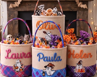 Personalized Trick or Treat Bag, Custom Name Halloween Bucket, Halloween Gift for Boys Girls, Halloween Candy Basket