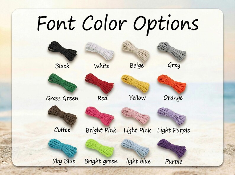 Pu&ograve; includere: Immagine che mostra le opzioni di colore del carattere. Ogni colore &egrave; rappresentato da un piccolo fascio di corda, con etichette tra cui Nero, Bianco, Beige, Grigio, Verde Erba, Rosso, Giallo, Arancione, Caff&egrave;, Rosa acceso, Rosa chiaro, Lilla chiaro, Blu cielo, Verde acceso, azzurro e Viola.