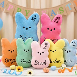 May include: A collection of plush Easter bunny toys in various colors, including blue, pink, orange, green, yellow, and light blue. Each bunny has a name and the year 2026 embroidered on it. The background includes balloons and a banner that says "Happy Easter".