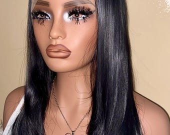 Silky Straight Black Fiber Hair Wig: Lace Parting, 20 Inches