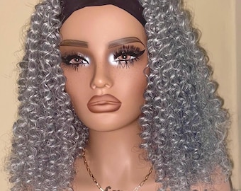 Silver Gray Curly Headband Wig: 20" Synthetic Hair