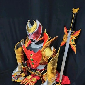 May include: A full cosplay costume set in red, gold, and silver, including an armored suit, helmet, gloves, boots, and a decorative sword. The costume has detailed designs and a metallic finish, set against a black backdrop.