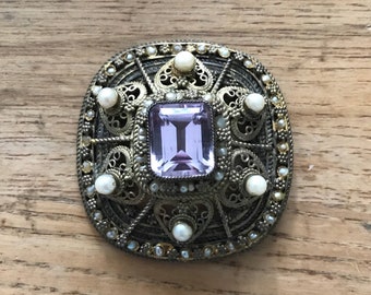 Vintage Amethyst Brooch or Pendant Pearl Gold Plated Argentium Silver Filigree Made in Israel February Birthstone