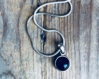 Sterling Silver Snake Chain With Black Onyx Pendant, 16-19 Inches, Adjustable Necklace, Vintage Unisex Jewelry, Gemstone Necklace