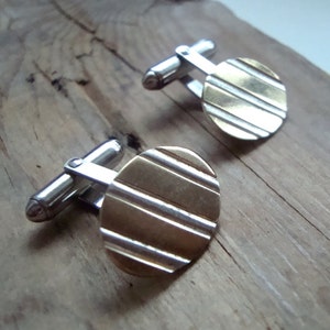 SALE Vintage 14ct Gold on Silver Cufflinks Striped Oval Classic Style Mens Gift Mens Jewelry Gifts For Him  Sterling Silver Fine Jewelry