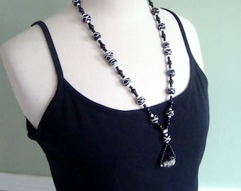 Vintage Black and White Ethnic Glass Bead Necklace African Glass Statement Jewelry Boho Bohemian Coachella Gifts Under 50