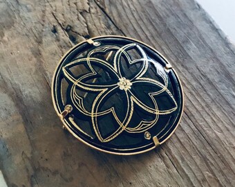 Vintage Flower Pin Black and Gold Metal Brooch Holiday Jewelry 1970s Floral Round Medieval Circle Gifts Under 30 Gothic