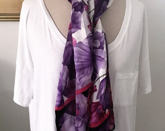 Vintage Oscar De La Renta Scarf - Purple, Pink and White. 1980s 100% Silk Floral Flowers Preppy Classic Style Long Style Luxury Neckwear