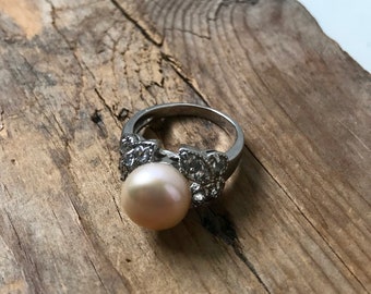 Pearl Ring With Cubic Zirconia.  Silver Ring Cocktail Ring Gifts Under 30 Statement Ring Pink Clear June Birthstone