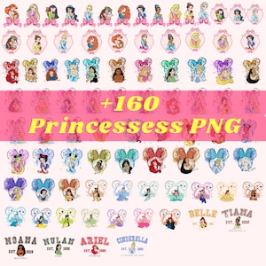 May include: A collection of princess-themed PNG graphics. The image features various princess portraits, Mickey Mouse ear designs, and text that reads "+160 Princessess PNG". Additional text includes princess names and locations.