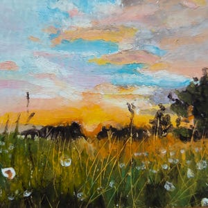 Kunstwerk wilde bloemenweide zonsondergang Kleine landschapskunst in oliepastels ACEO, Sunny Art Nature Miniature